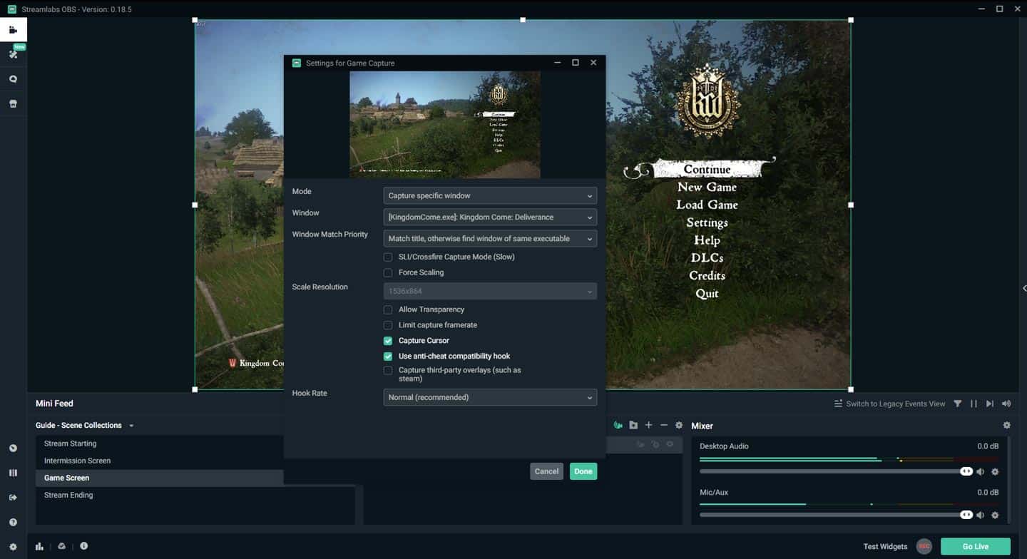 Streamlabs OBS Game Source Capture Specific Window