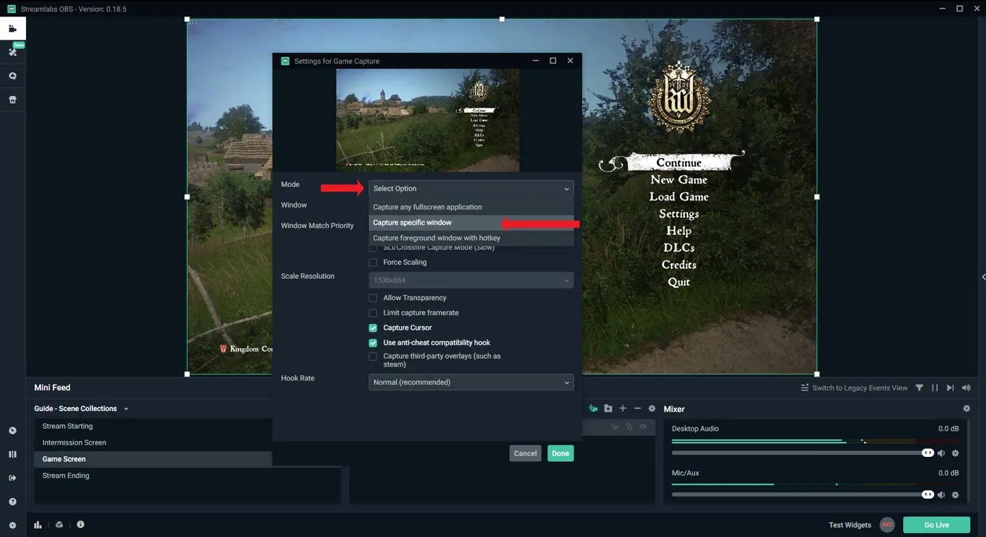 Streamlabs OBS Game Source Capture Specific Window Selection